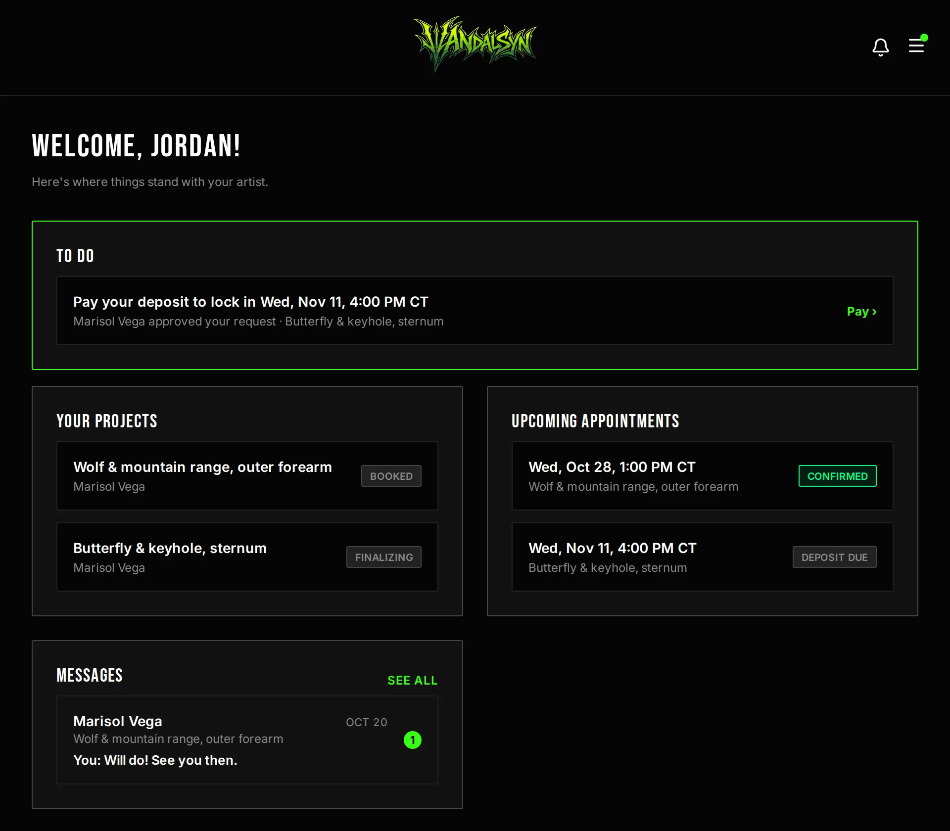 Client dashboard showing project status, next appointment, and message threads with their artist