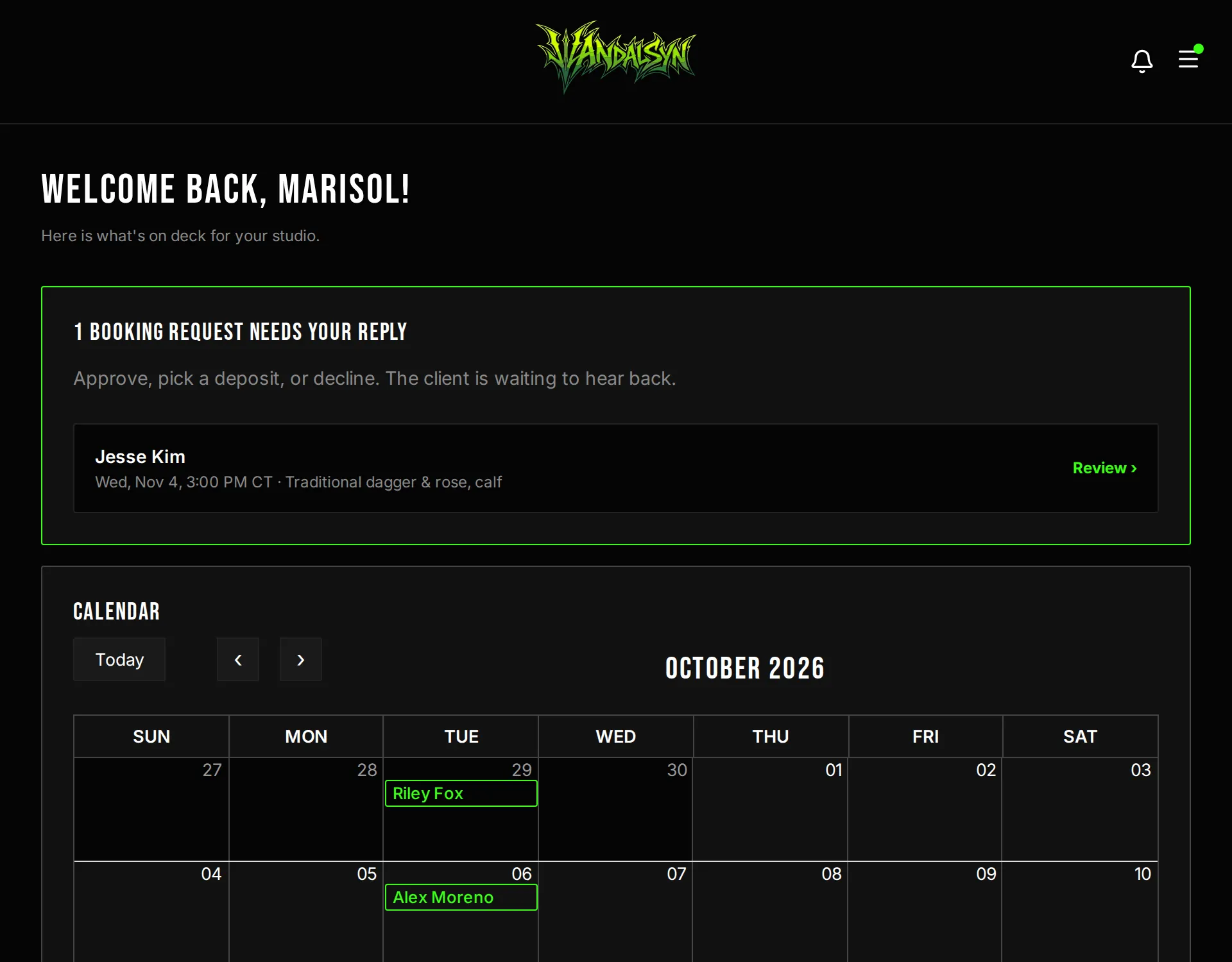 VandalSyn artist dashboard showing a new booking request waiting for review and the month's booking calendar