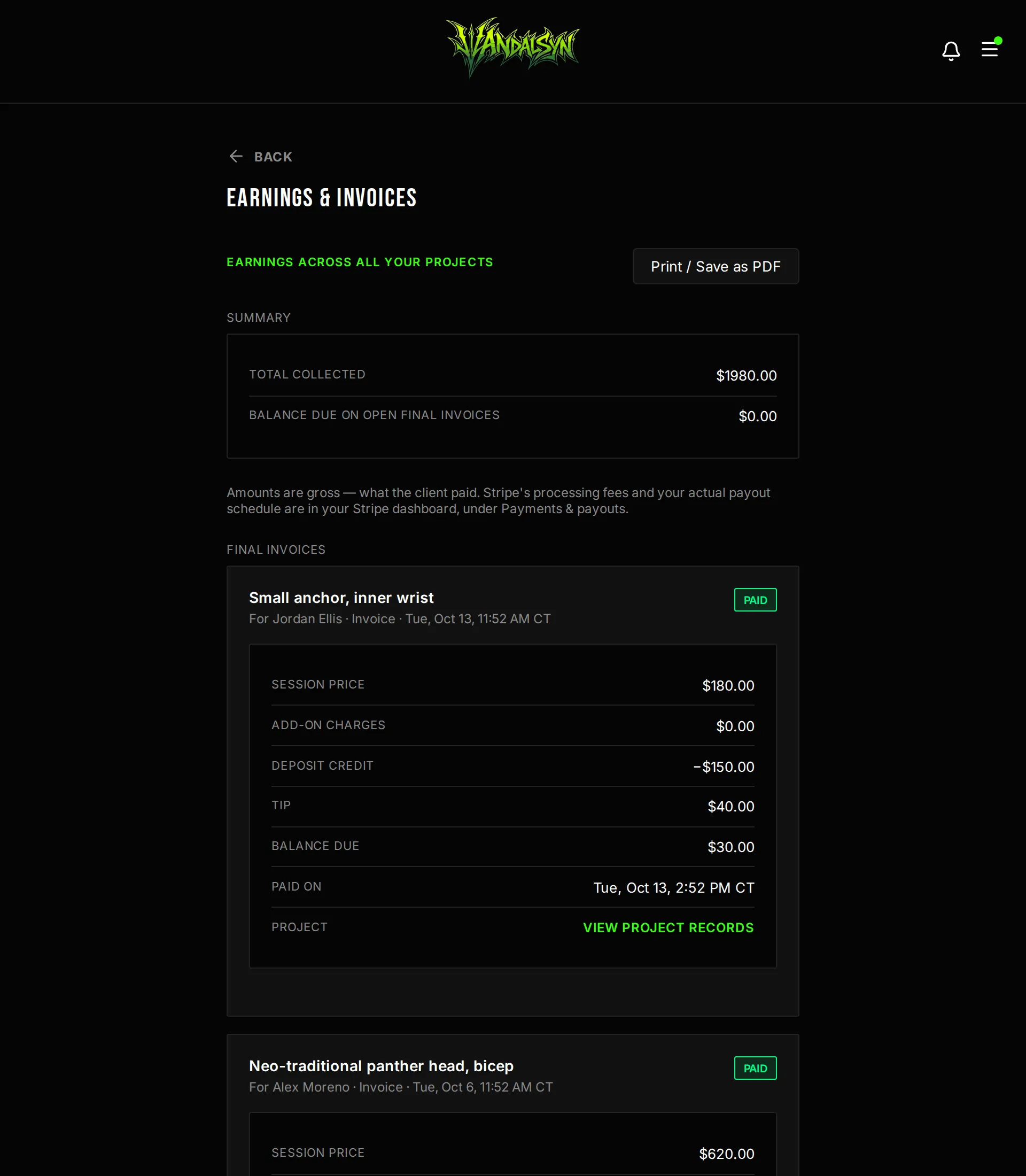 Artist earnings screen showing total collected, itemised final invoices, and a list of payments