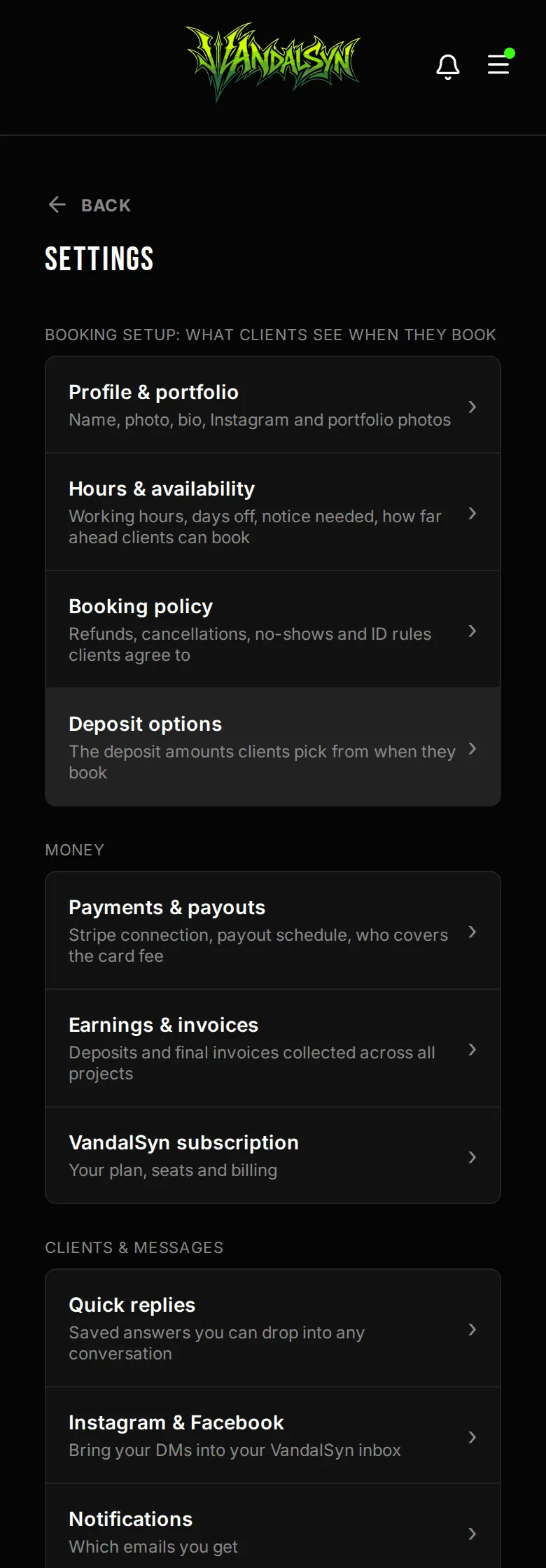 Artist settings menu grouped into profile and business, money, history, preferences, and account