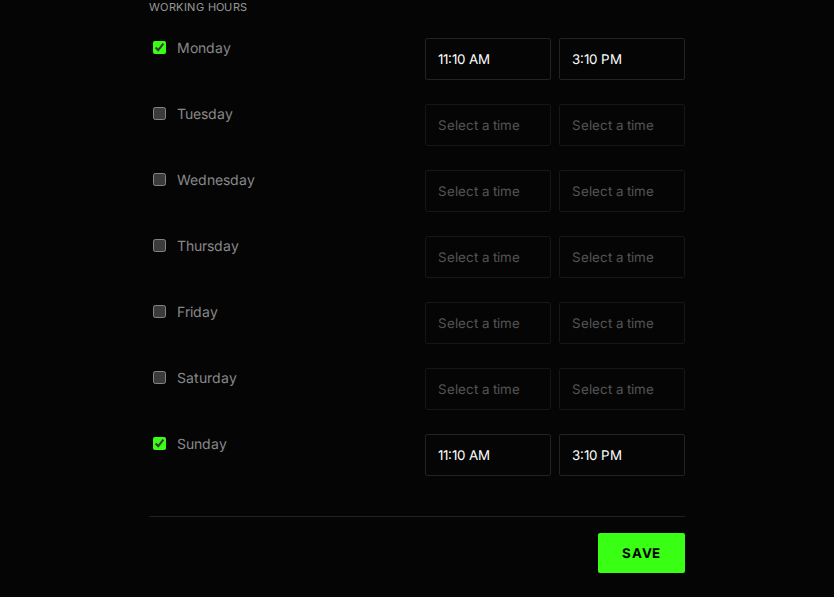 Working hours settings by day of the week, with save button