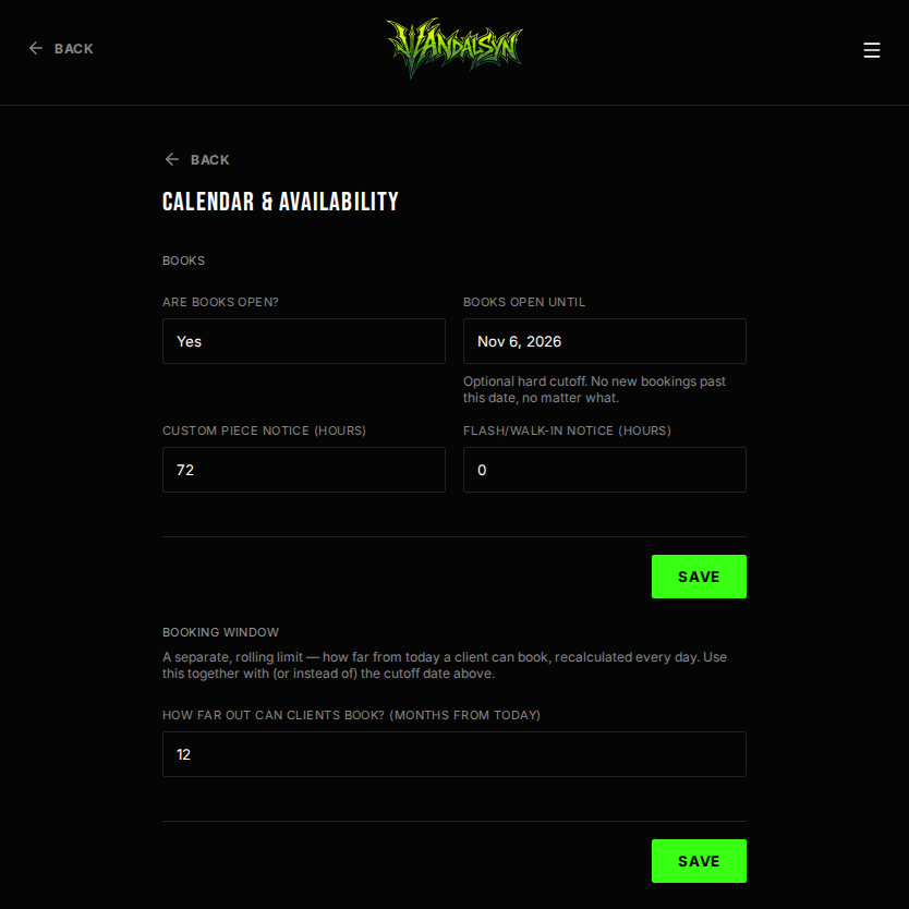 Calendar settings showing books open status, cutoff date, custom piece notice, and how far out clients can book