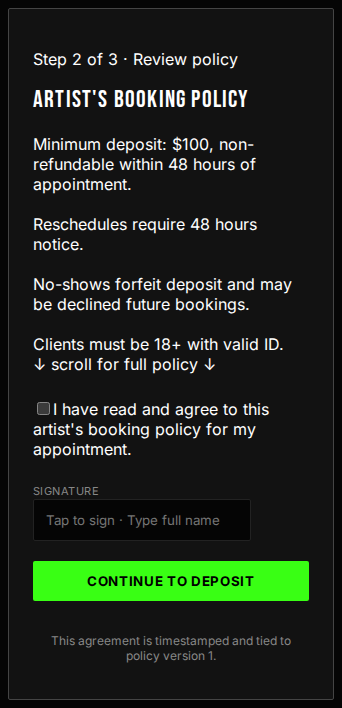 Client screen showing a booking policy agreement and deposit flow