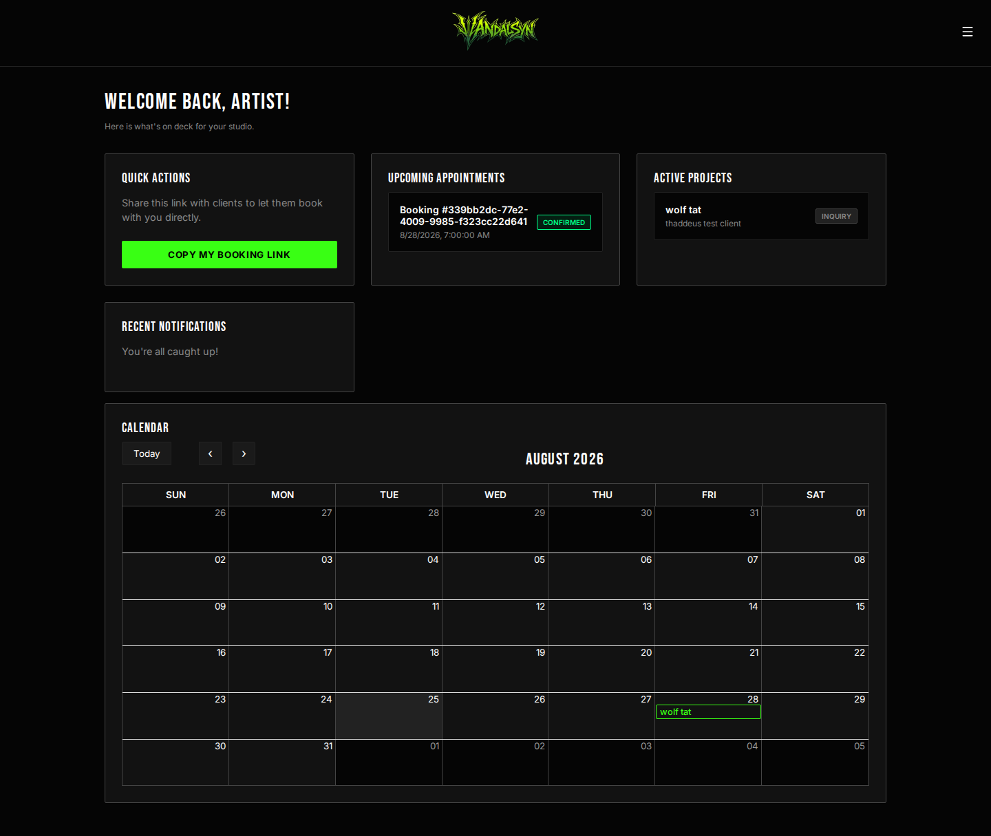Vandalsyn artist dashboard, showing upcoming appointments, active projects, and a monthly booking calendar
