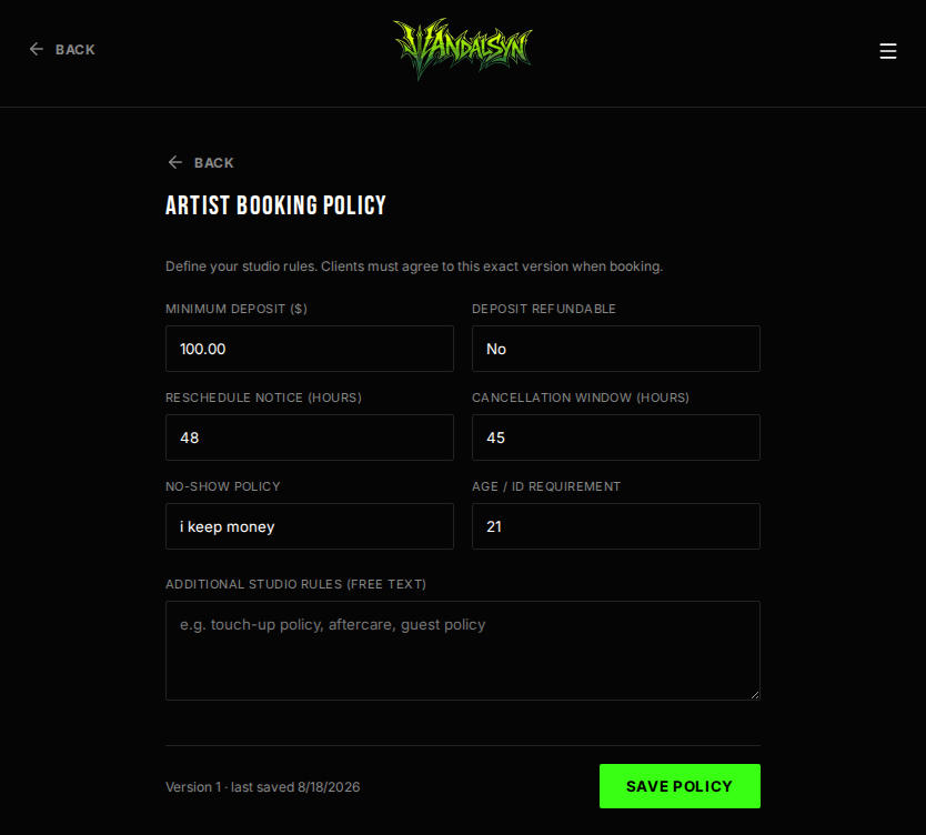 Artist screen for editing booking policy: deposit amount, cancellation window, no-show policy