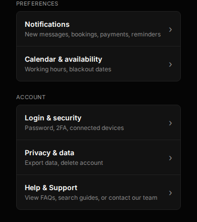 Artist settings menu continued: notifications, calendar & availability, login & security, privacy & data, and help & support