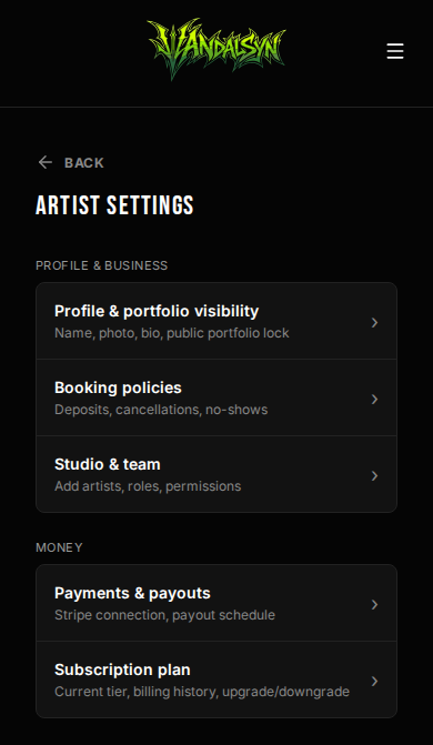 Artist settings menu on a mobile phone: profile & portfolio visibility, booking policies, studio & team, payments & payouts, and subscription plan
